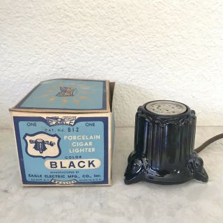 Antique Vintage Cigar Cigarette Lighter Nos W/box Black Porcelain Eagle