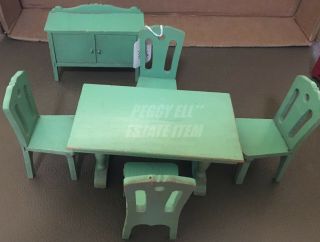 1931 Strombecker Toys Wooden Doll House Dining Room Set In Green Lrg Scale Size