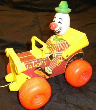Vintage Fisher Price Jalopy Car Pull Toy Wooden Clown 724