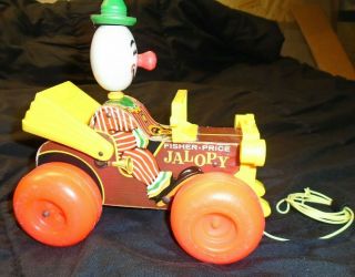 Vintage FISHER PRICE JALOPY Car Pull Toy WOODEN CLOWN 724 2