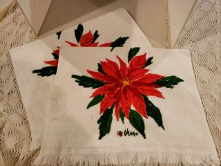 2 Vintage Vera Christmas Tea Towels Or Guest Towels Poinsettias Terry Cloth