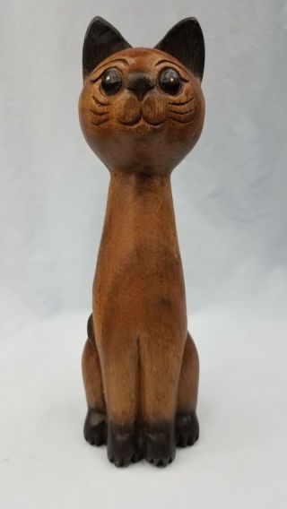 Vintage Wood Wooden Hand Carved Siamese Cat Kitten Blue Eyes Figurine Statue