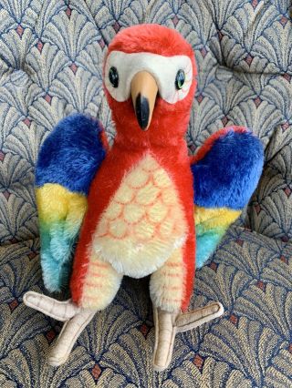 Steiff Lora Parrot Mohair Macaw Large Bird Red Blue 9” Vintage Partial Chest Tag