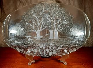 Rare Vintage Kosta Boda Clear Frosted Etched Glass Trees Church 16.  75 " Platter