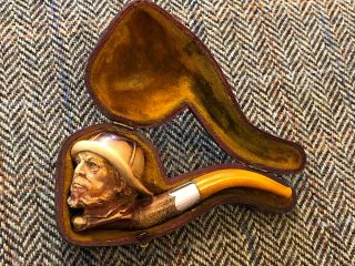 Meerschaum Pipe,  Fisherman,  Silver Band And Amber,  Cased.  Pfeife Pipa 煙斗