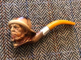 MEERSCHAUM PIPE,  FISHERMAN,  SILVER BAND AND AMBER,  CASED.  pfeife pipa 煙斗 2