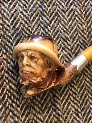 MEERSCHAUM PIPE,  FISHERMAN,  SILVER BAND AND AMBER,  CASED.  pfeife pipa 煙斗 3