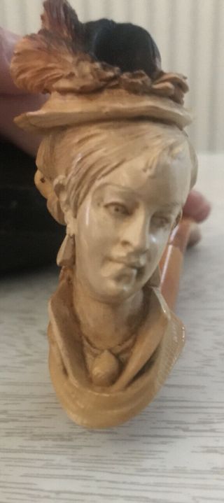 Antique 19thC Lady ' s Head Bust Carved Meerschaum Cheroot Pipe With Leather Case 2