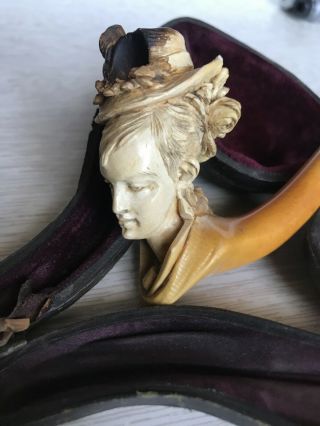 Antique 19thC Lady ' s Head Bust Carved Meerschaum Cheroot Pipe With Leather Case 3