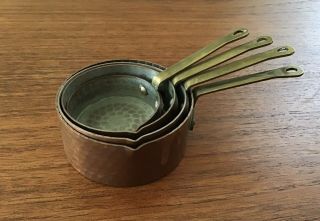 Vintage Antique Copper Measuring Cups Brass Handles Set Of Four 1/4 - 1 Cup