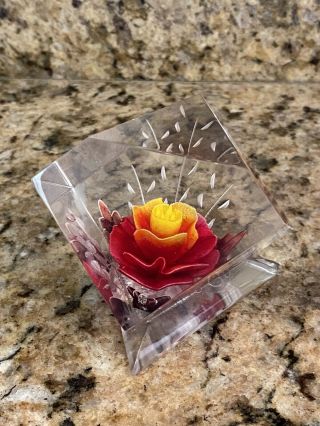 Lucite Rose Floral Paperweight Vintage Mid Century Modern Mcm Flower Etched