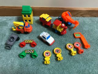 Vintage Fisher Price Flip Track Rail And Road Cars Train Signs House Cranes Bus