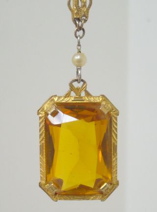 Feminine Vintage Art Deco Czech Amber Glass Stamped Brass Necklace Wow