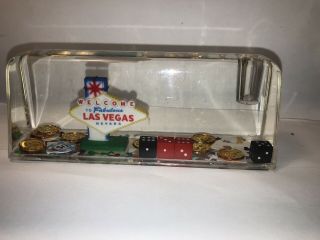 Vintage Lucite Las Vegas Stardust Casino Paperweight Pen Holder Coins Dice Cards