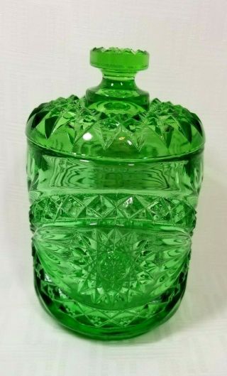 Vintage Green Glass Covered Candy Dish Cylinder Hobstar Fan Diamond Cu