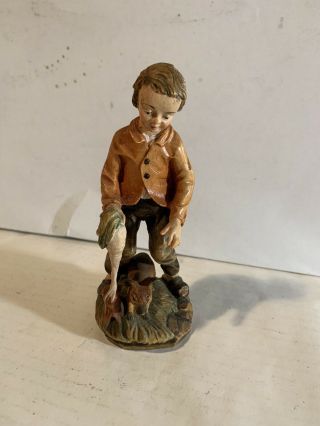 Vtg.  Elbl,  Sohn West Germany Carved Wood Boy W/ Rabbit 5 1/2 " Figurine