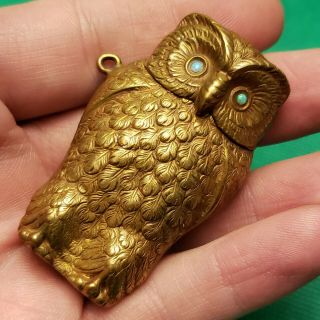 Antique Brass Jeweled Figural Owl Match Striker Vesta Case Box Lighter Estate