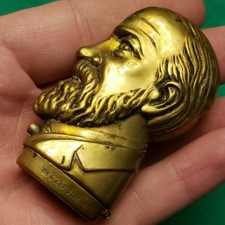 Rare Early Vintage Figural Brass Bust Match Safe Vesta Case Striker Button Open