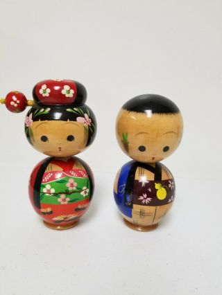 Set Of 2 Vintage Hand - Painted Wood Japanese Kokeshi Nodder Dolls Boy & Girl