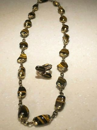 Vintage Pair Tiger Eye Gemstone Necklace & Ring Of 1/20 12k Gf Tiger Eye Stones