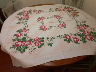 Vintage White Cotton Tablecloth W/red & Green Floral Design 50 " X 45 "