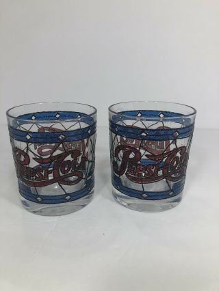 2 Rare Vintage Pepsi Cola Stained Glass Tiffany Style Blue Diamond Flair Glasses