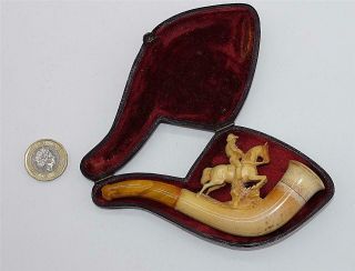 Antique Meerschaum Amber Cheroot Holder Pipe Horse & Jockey Figural 19thc