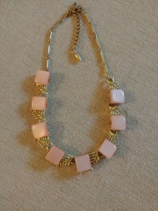 Vintage Signed Coro Pink Lucite Pearl Gold Tone Necklace