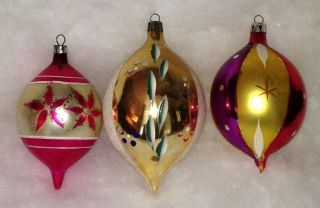 Vintage Christmas Ornaments Teardrop Icicles 3 Glass Painted Poland 4 Inches