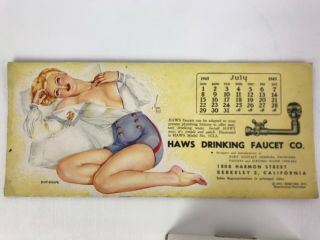 Vintage Haws Drinking Faucet Co Pin - Up Girl Calendar Card July 1945 Navy Girl