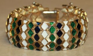 Navy Blue,  White & Green Enamel Articulated Bracelet Gold Tone Safety Chain Vtg