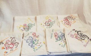 7 Vintage Embroidered 7 Days A Week Table Covers Or Towels With Rooster Theme
