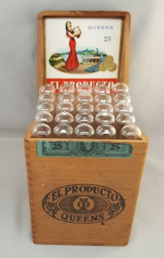 Rare Vintage El Producto Queens Cigar Wood Box With 25 Glass Tubes Class G