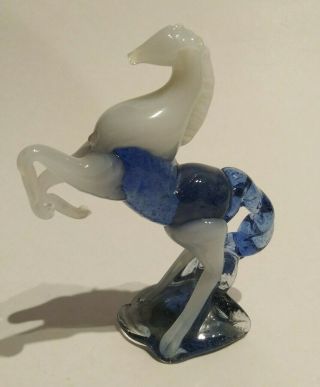 Vintage Hand Blown Art Glass White And Blue Horse Rearing Figurine Made Greece