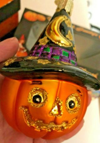 Vtg Old World Christmas Halloween Ornament Glass Pumpkin Jackolantern Witch Hat