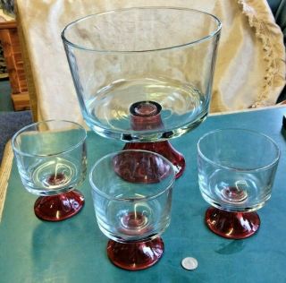 Vintage Glass Trifle Dessert Dish 2 Red Pedestal & 3 Matching Individual Bowls