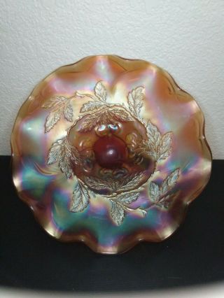 Vintage Orange Footed Carnival Glass Bowl - Cherry And Leaves Pattern