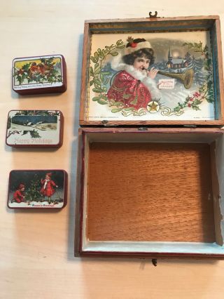 C.  1904 Antique Christmas Cigar Box W/lithograph & 3 Metal Match Holders