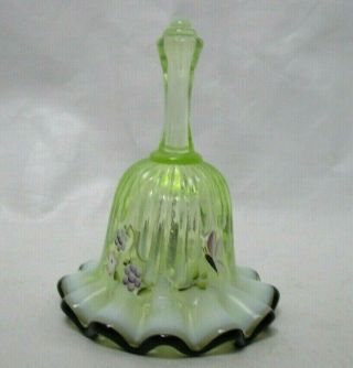 Vintage Fenton Hand Painted Green Glass Bell 4in - Flower,  Butterfly,  Fruit