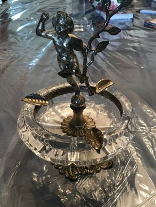 Vintage Antique Crystal Ashtray With Metal Figurine