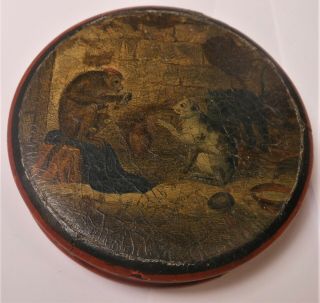 Choice Antique Lacquer Snuff With Picture Of A Monkey And Cat On Top
