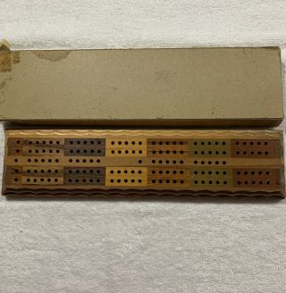 Vintage Inlay Wood Cribbage Board,  Box,  4 Wooden Pegs,  Instructions