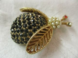 Vintage Tura Gold Tone Brooch Pin Bee With Black Red Rhinestones Faux Pearls