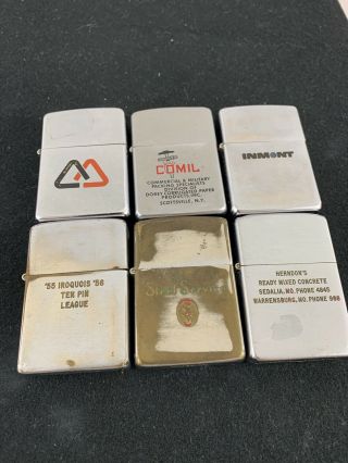 6 Vintage Full Size Zippo Lighters With Advertising