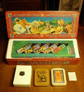 1999 Camel Zippo Antique Silver Plate And Club Camel Box Set Of Lighters