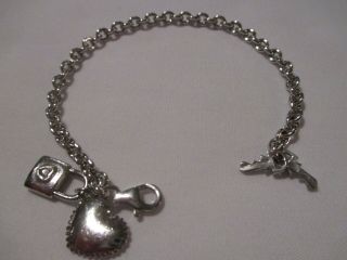 Vintage Sterling Silver Charm Bracelet With Heart,  Lock And Key Charms - 13 Gr.