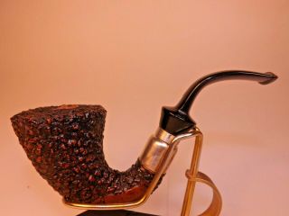 Brebbia Hand Made In Italy Briar Pipe Bent Calabash Needle Carved Silver Spigot