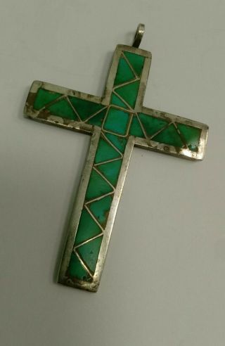 Vintage Sterling Silver Turquoise Inlay Cross Pendant Signed " Hj Zuni "