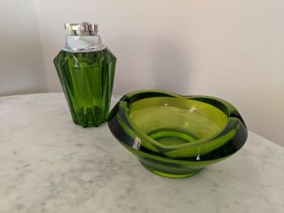 Vintage Viking Green Glass Ashtray And Lighter Mid Century Modern