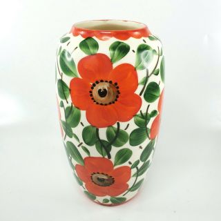 Vtg Czechoslovakia Art Pottery Hand Painted Floral Orange Flowers Vase 7.  75 "